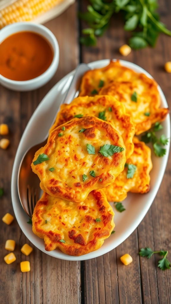 Golden corn fritters served on a plate with dipping sauce and garnished with herbs.